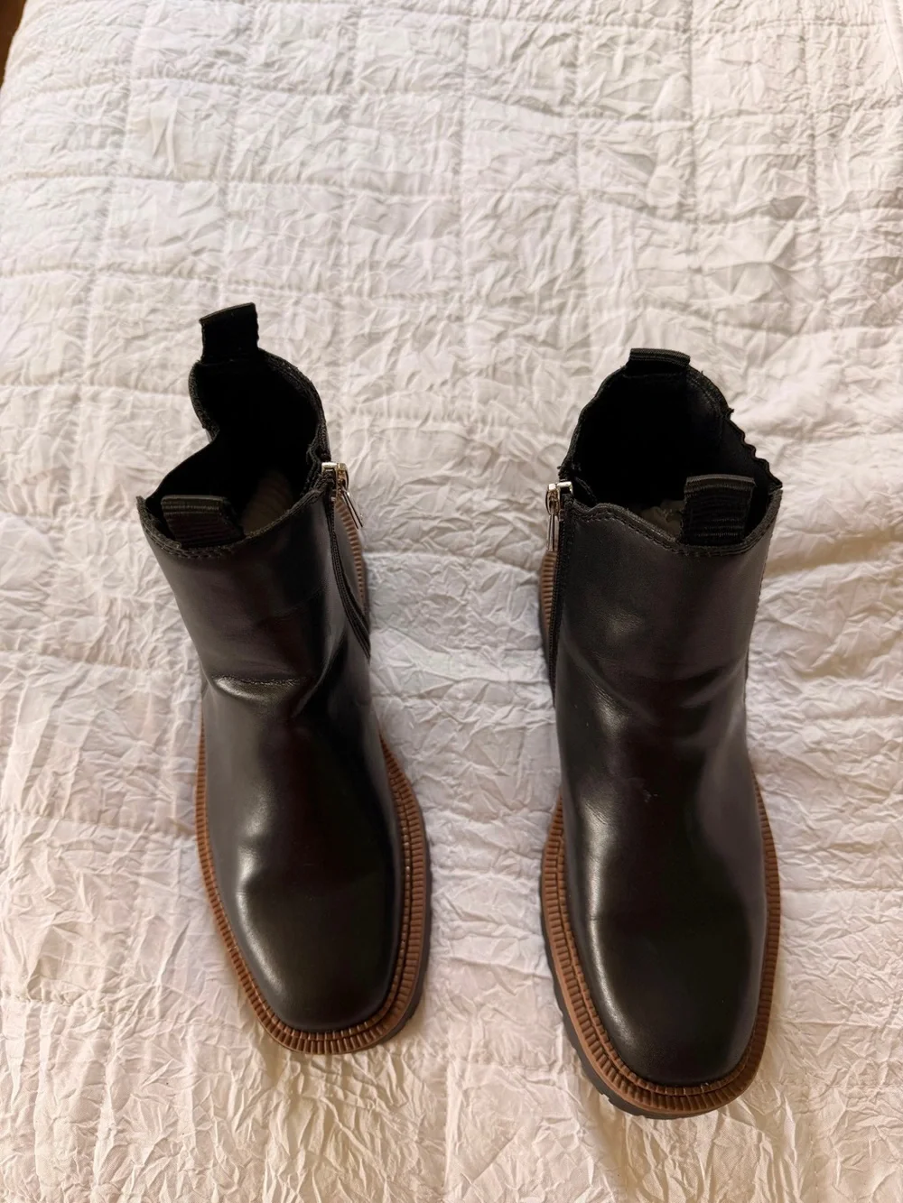 Sam Edelman Black Leather Chelsea Lug Boots with Brown Trim